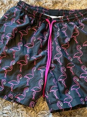Wesc Men Swim Shorts Black with Pink Flamingo Print
